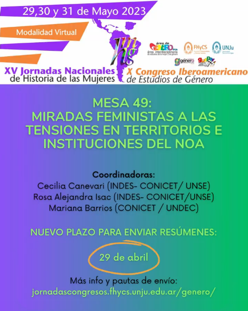 XV Jornadas Nacionales de Historia de las Mujeres y X Congreso Iberoamericano de Estudios de Género: Nuevo plazo para resúmenes