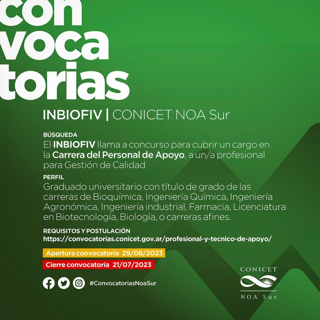 Convocatoria del INBIOFIV para cargo en la Carrera del Personal de Apoyo