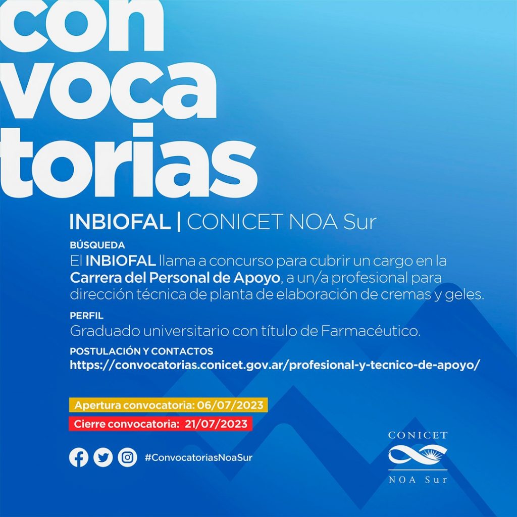 Convocatoria del INBIOFAL para cargo en la Carrera del Personal de Apoyo