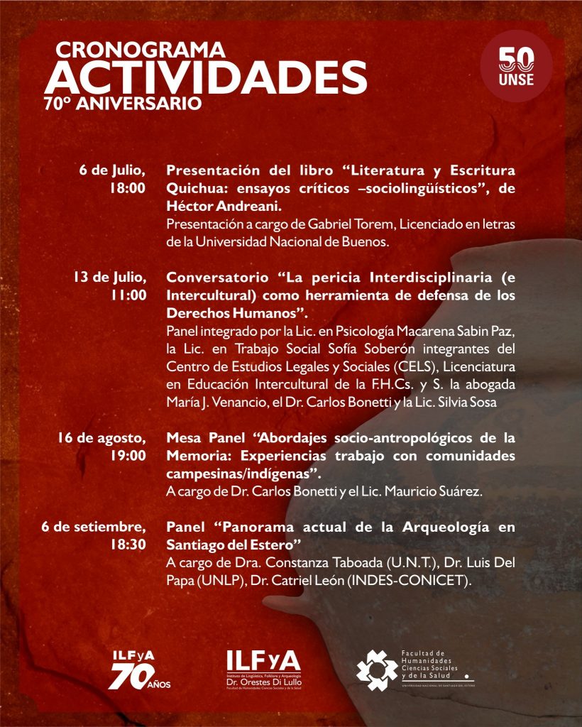 Cronograma de actividades del 70° Aniversario del ILFyA