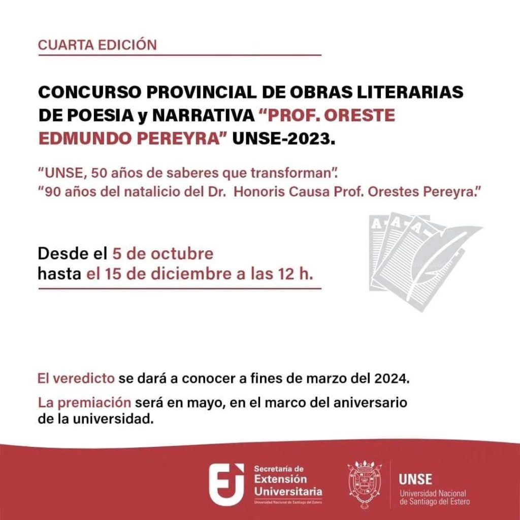 Concurso provincial de obras literarias de poesía y narrativa “Prof. Oreste Edmundo Pereyra” UNSE – 2023