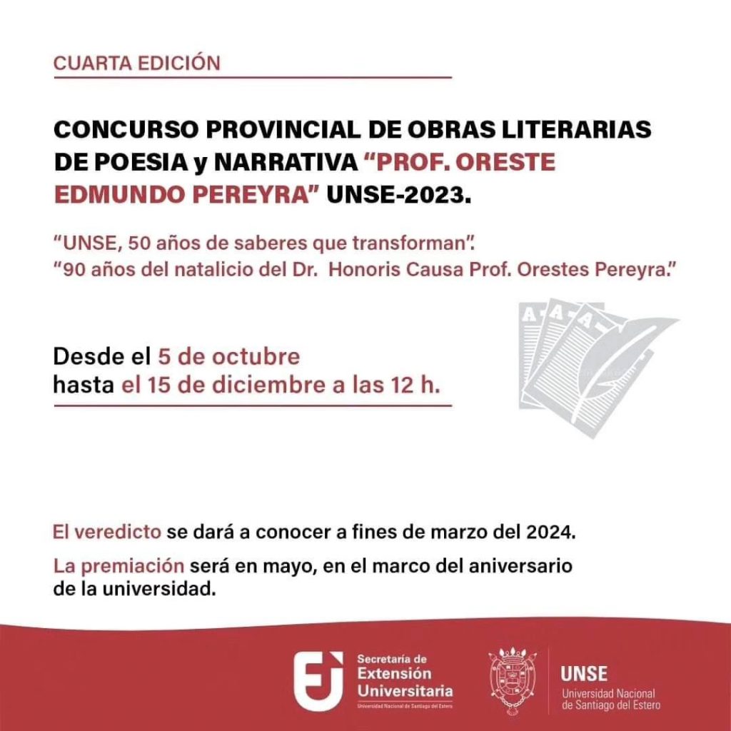 Concurso provincial de obras literarias de poesía y narrativa «Prof. Oreste Edmundo Pereyra» UNSE – 2023
