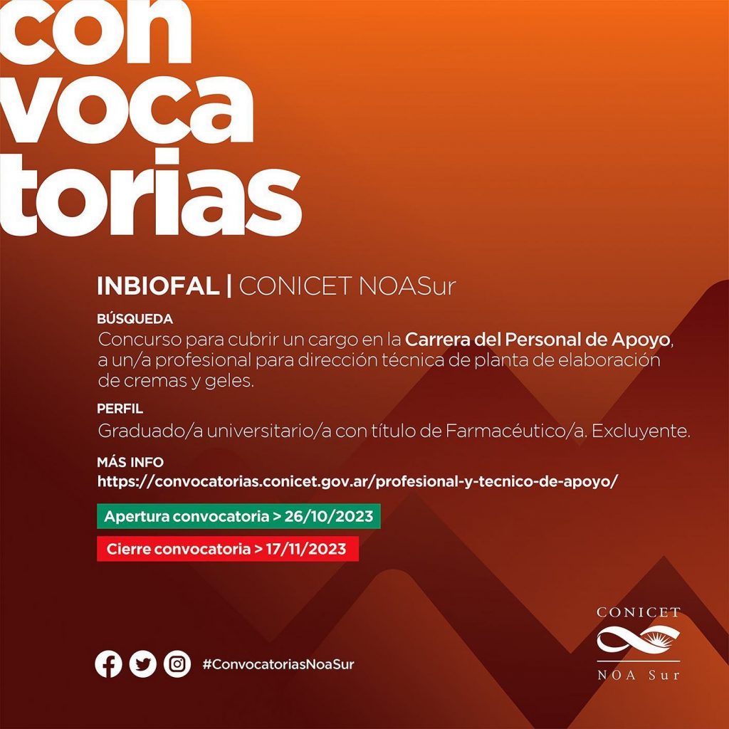 Convocatoria del INBIOFAL para cargo en la Carrera del Personal de Apoyo