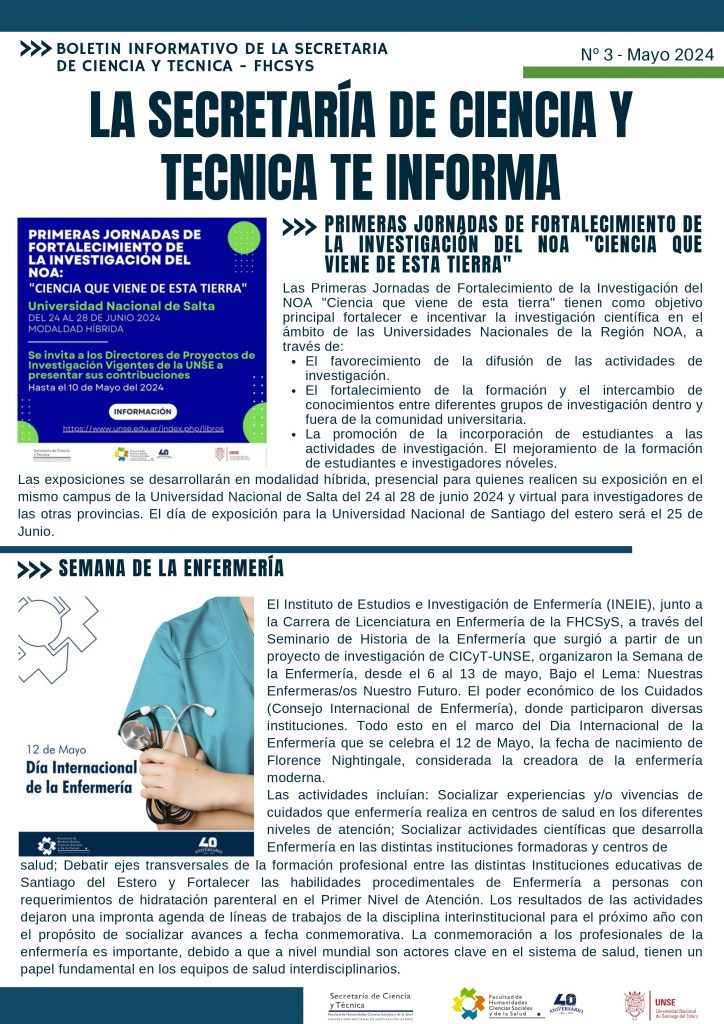 Boletin Informativo Mayo 2024 de la Secretaría de Ciencia y Técnica de la FHCSyS